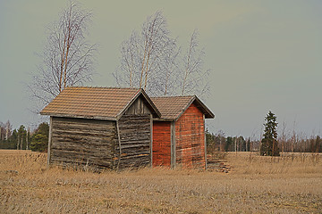 Image showing Two Old Barns by Harvested Field, HDR