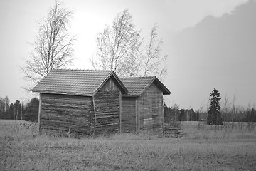 Image showing Two Old Barns by Harvested Field, B&W, HDR