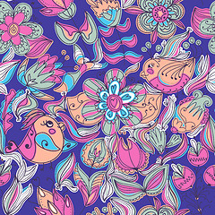 Image showing Cute colorful floral seamless pattern with bird