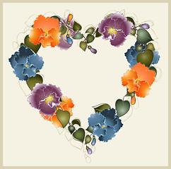 Image showing Greeting card with a bouquet of pansies. Decorative heart.