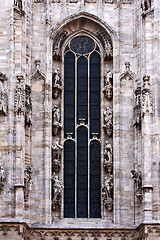 Image showing italy church mwindow  the front of  duomo  in milan and column