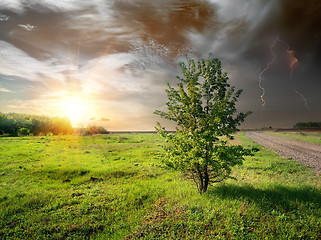 Image showing Lightning and road in field