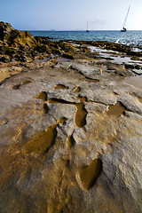 Image showing beach  boat yacht  lanzarote  spain coastline rock  water  and s