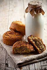 Image showing bottle of milk and fresh baked bread 