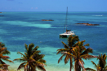 Image showing costline boat catamaran in the  blue lagoon relax    contoy  mex