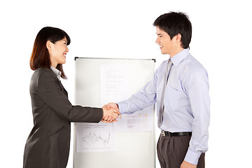 Image showing Businesswoman and Businessman Shaking Hand