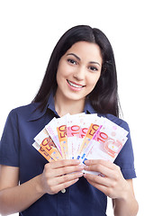 Image showing Smiling Woman Holding Euro Note