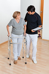 Image showing Trainer Looking At Senior Woman Using Walker