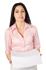 Image showing Woman Holding Stack Of Paper