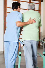 Image showing Therapist Assisting Senior Man To Walk With The Support Of Bars