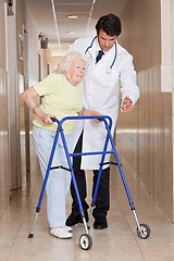 Image showing Doctor helping Patient use Walker