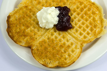 Image showing Waffle with jam and cream