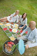 Image showing Friends Eating Food At An Outdoor Picnic