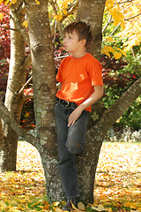 Image showing Child among colourful autumn trees and leaves