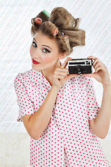 Image showing Woman Holding Vintage Camera