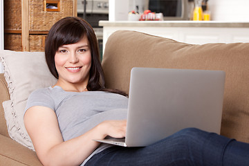 Image showing Pregnant Woman on Sofa with Laptop