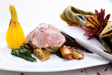 Image showing Sliced pork with spinach and parsnips