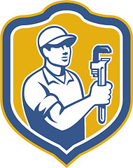 Image showing Plumber Holding Wrench Side Shield Retro