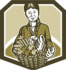 Image showing Female Organic Farmer Crop Harvest Woodcut