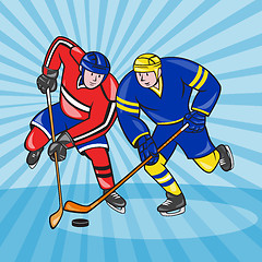 Image showing Ice Hockey Player Front With Stick Retro