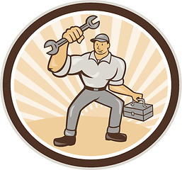 Image showing Mechanic Holding Spanner Wrench Toolbox Cartoon