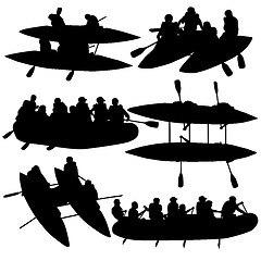 Image showing Silhouette collection people rafters on boats,  catamaran and ka