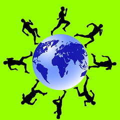 Image showing Silhouettes, athletes run around the globe. vector illustration.