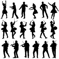 Image showing Black silhouettes of beautiful mans and womans. Drummer, violini