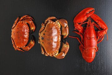 Image showing Top view of Boiled Atlantic Lobster and crabs