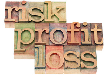 Image showing risk, profit, loss words in wood type