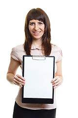 Image showing Smiling confident girl with a folder on a white background