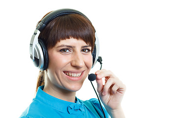 Image showing Smiling confident girl with headphones microphone on white backg