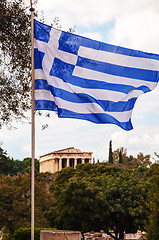 Image showing Greek flag and Temple of Hephaestus in Athens, Greece