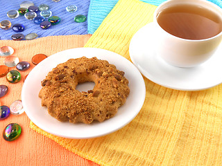 Image showing Breakfast with cake and cup of tea (coffee) and stone set