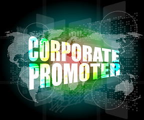 Image showing corporate promoter words on digital screen with world map