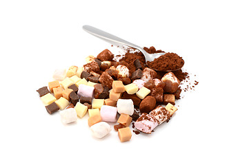 Image showing Marshmallows, fudge and caramel pieces with cocoa powder