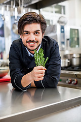 Image showing Chef checking the freshness of a bunch of herbs