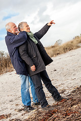 Image showing happy elderly senior couple walking on beach