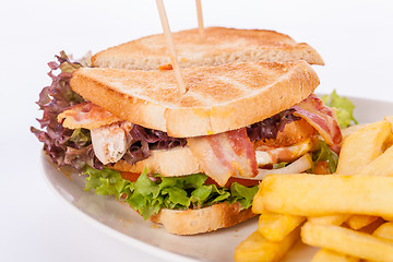 Image showing Club sandwich with potato French fries