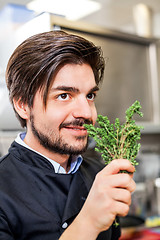 Image showing Chef checking the freshness of a bunch of herbs