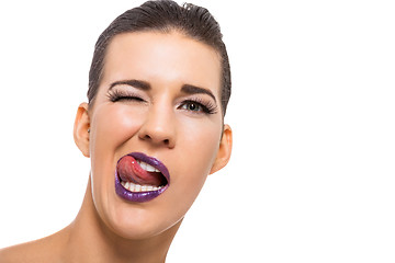 Image showing Graceful attractive woman with purple lips and nails