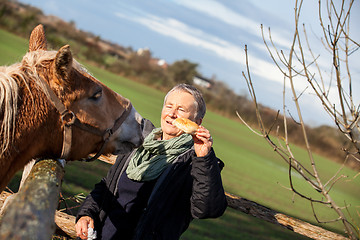 Image showing Elderly couple petting a horse in a paddock