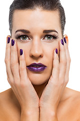 Image showing Graceful attractive woman with purple lips and nails