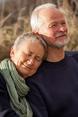 Image showing happy senior couple relaxing together in the sunshine