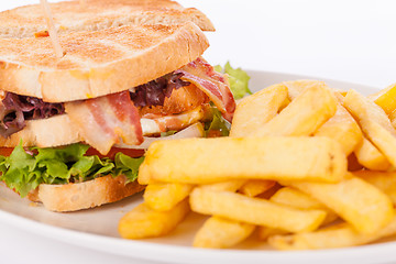 Image showing Club sandwich with potato French fries