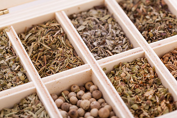 Image showing Tray with assorted dried spices and herbs
