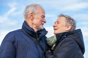 Image showing Elderly couple embracing and celebrating the sun