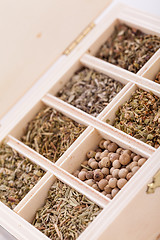 Image showing Tray with assorted dried spices and herbs