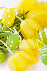 Image showing Colourful yellow and green spring Easter Eggs