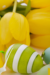 Image showing Colourful yellow and green spring Easter Eggs